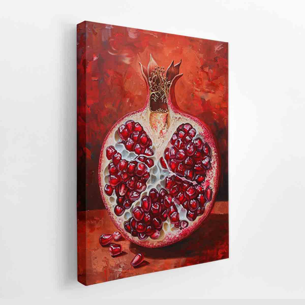 Sliced red pomegranate canvas art with glossy seeds for bold kitchen wall decor.