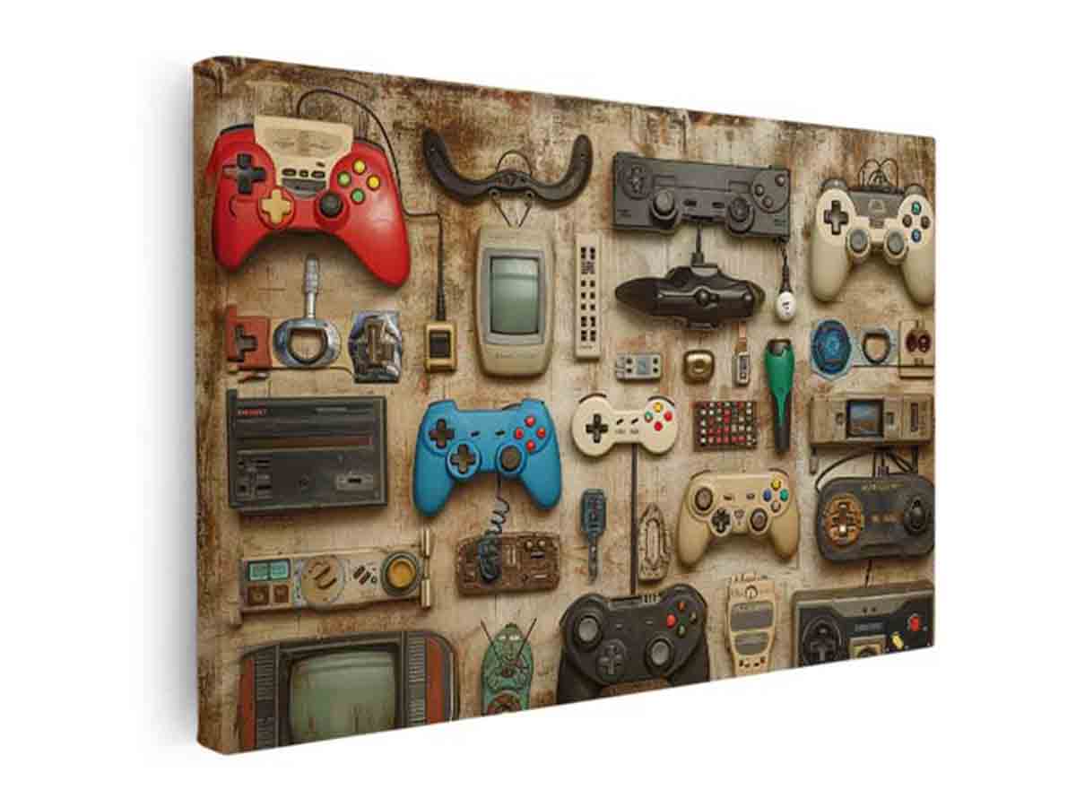 Retro gaming wall art with vintage controllers for mancave and game room decor.