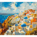 Bright Santorini coastal canvas art with blue domes and sea views for living room decor.