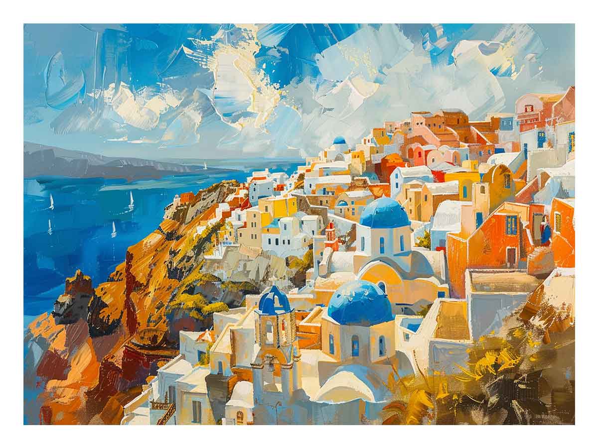 Bright Santorini coastal canvas art with blue domes and sea views for living room decor.