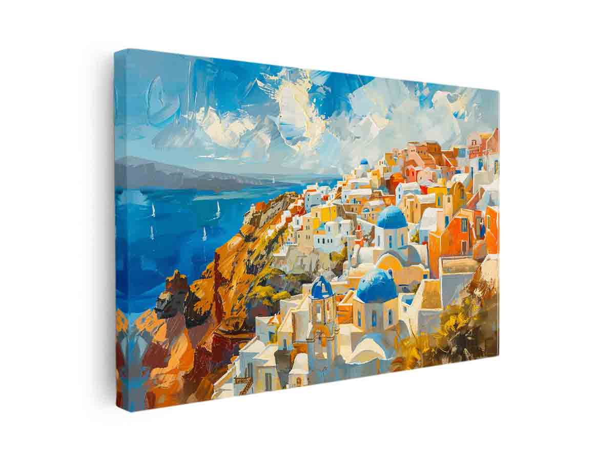 Bright Santorini coastal canvas art with blue domes and sea views for living room decor.