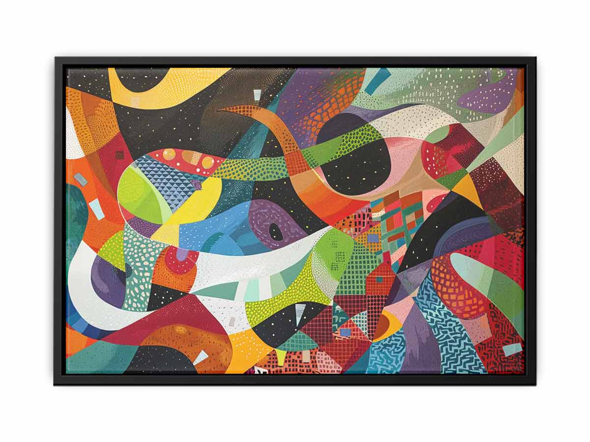 Colourful geometric abstract canvas art with bold shapes for modern office or living room decor.