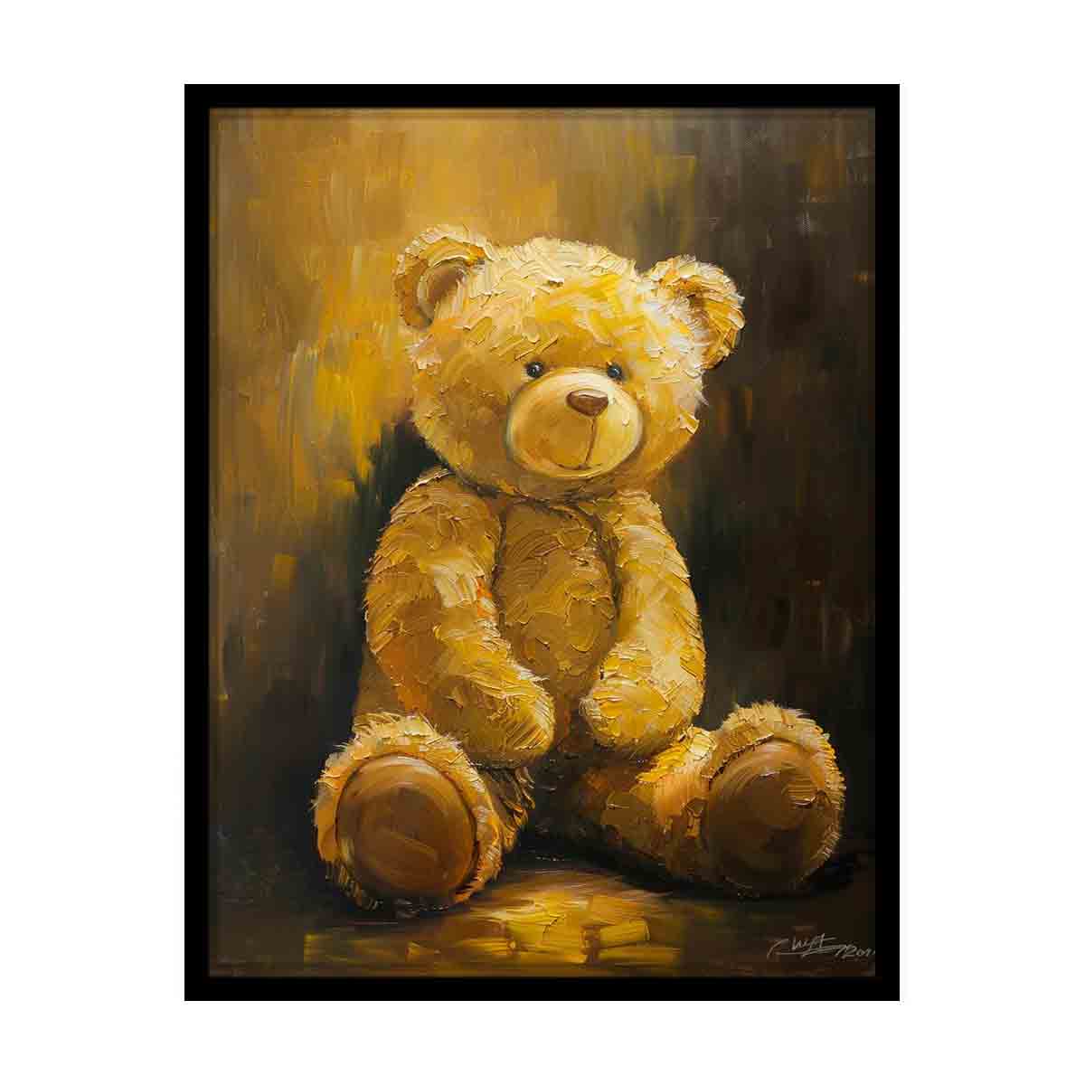 Golden teddy bear canvas art with soft texture for cozy nursery or kids room decor.