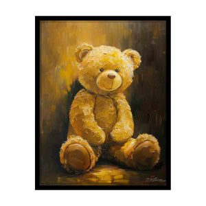 Golden teddy bear canvas art with soft texture for cozy nursery or kids room decor.