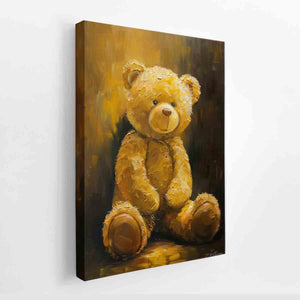 Golden teddy bear canvas art with soft texture for cozy nursery or kids room decor.