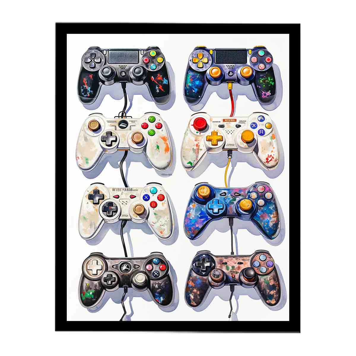 Gaming controller wall art with colourful vintage gamepads for teen bedroom decor.
