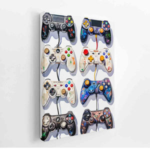 Gaming controller wall art with colourful vintage gamepads for teen bedroom decor.
