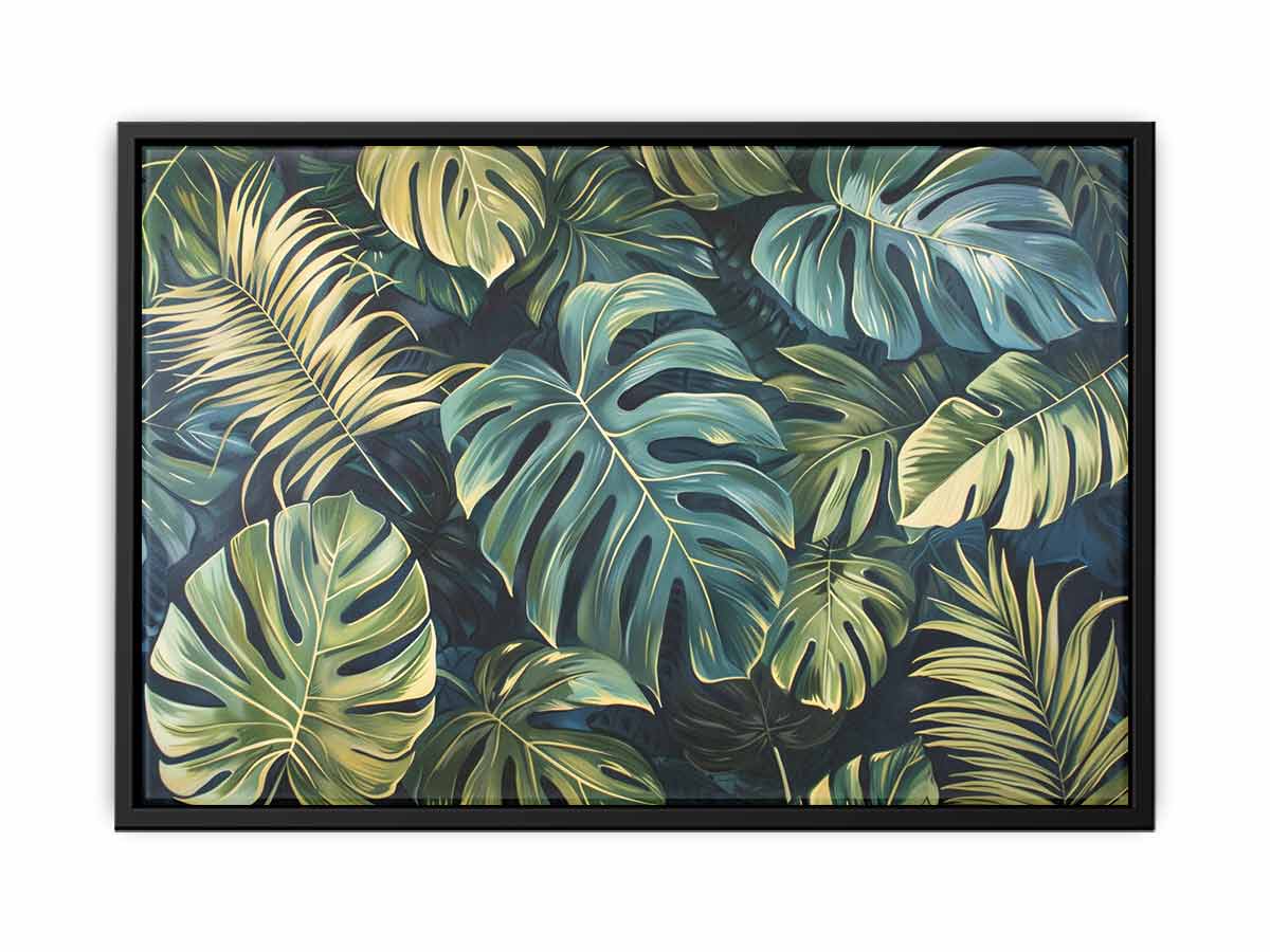 Tropical monstera leaf canvas art with green foliage for modern living room decor.