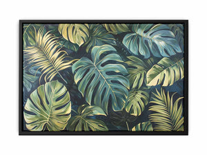 Tropical monstera leaf canvas art with green foliage for modern living room decor.