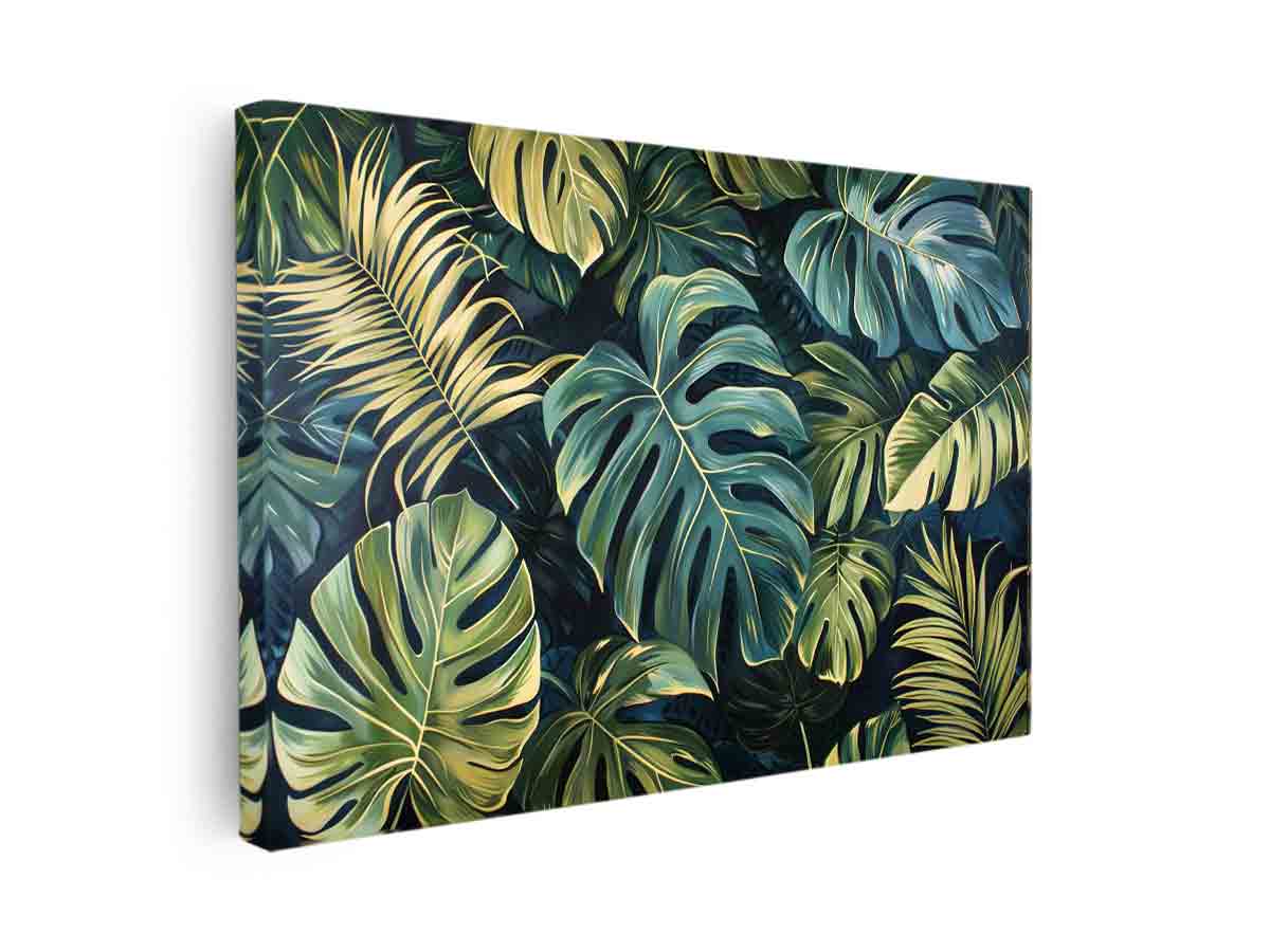 Tropical monstera leaf canvas art with green foliage for modern living room decor.