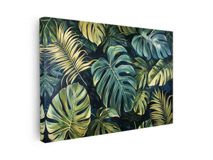Tropical monstera leaf canvas art with green foliage for modern living room decor.
