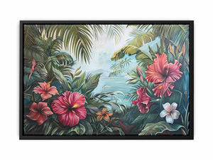 Pink hibiscus tropical canvas art with palm leaves and ocean view for living room decor.
