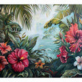 Pink hibiscus tropical canvas art with palm leaves and ocean view for living room decor.