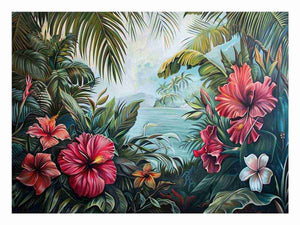 Pink hibiscus tropical canvas art with palm leaves and ocean view for living room decor.