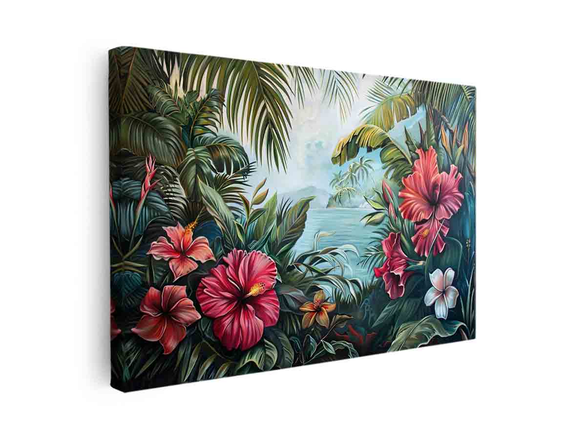 Pink hibiscus tropical canvas art with palm leaves and ocean view for living room decor.