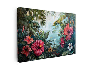 Pink hibiscus tropical canvas art with palm leaves and ocean view for living room decor.