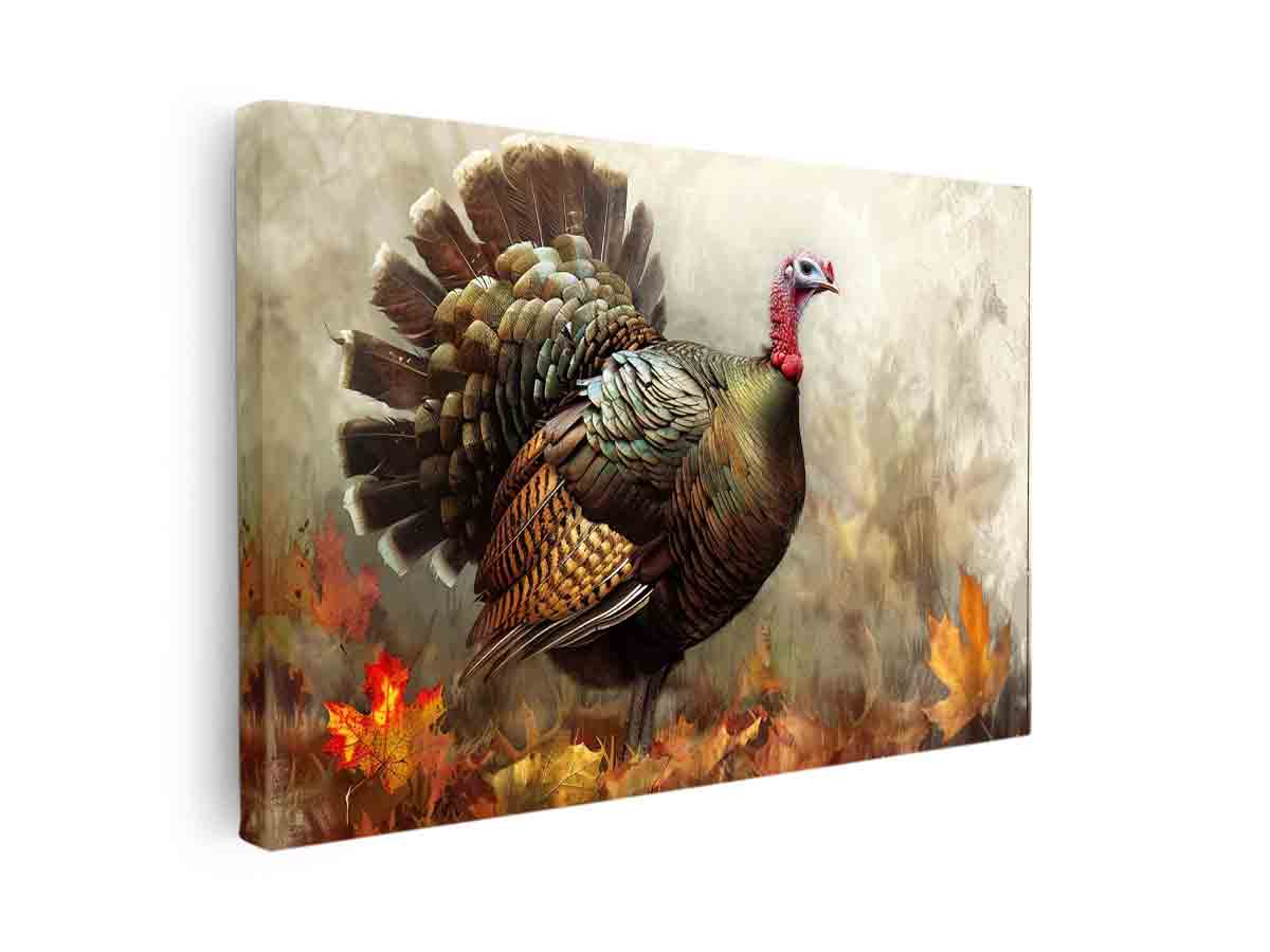 Autumn turkey wildlife canvas art with feathers and leaves for farmhouse dining room decor.