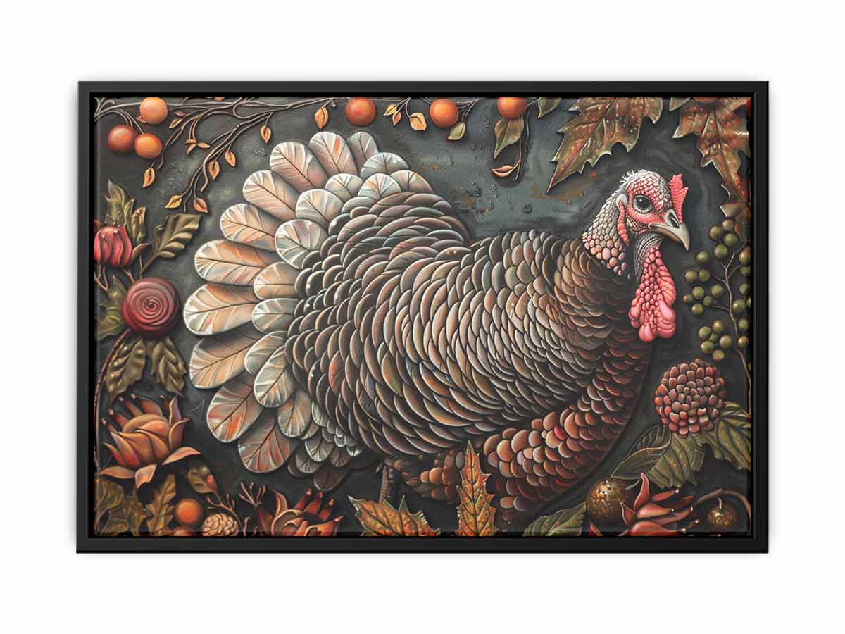 Decorative turkey canvas art with autumn leaves and berries for farmhouse dining room decor.