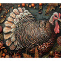 Decorative turkey canvas art with autumn leaves and berries for farmhouse dining room decor.