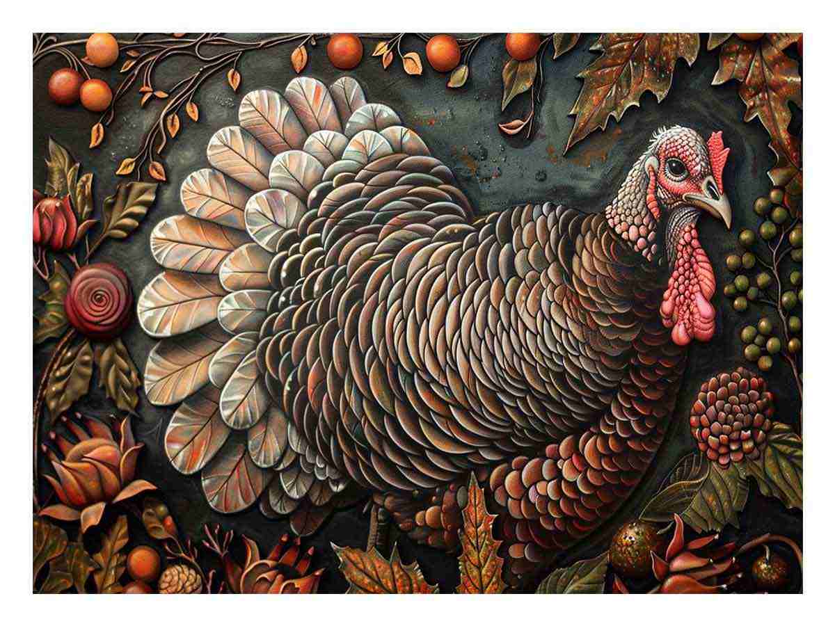 Decorative turkey canvas art with autumn leaves and berries for farmhouse dining room decor.
