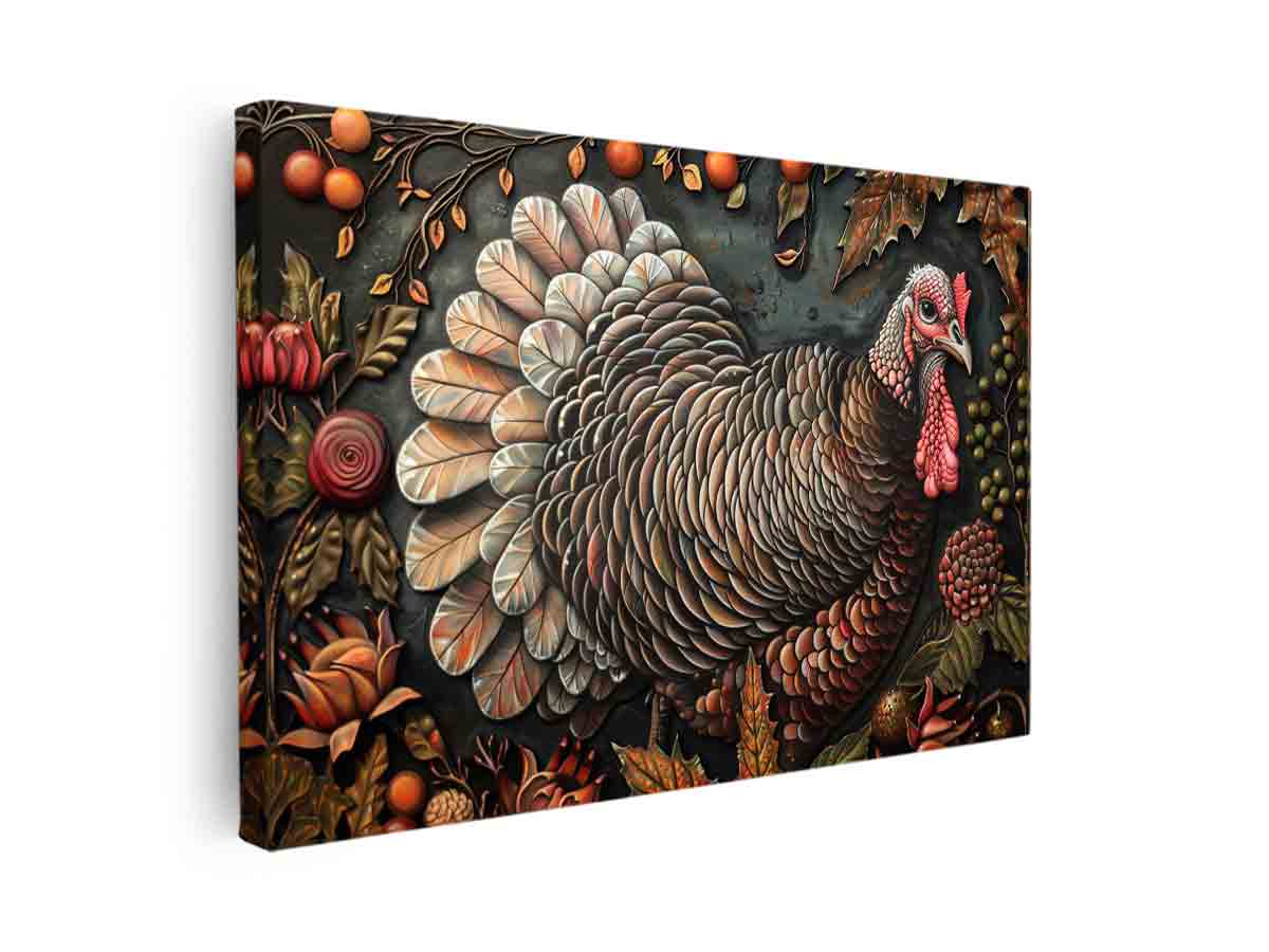 Decorative turkey canvas art with autumn leaves and berries for farmhouse dining room decor.