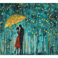 Romantic couple umbrella canvas art with teal rain and gold dots for bedroom decor.