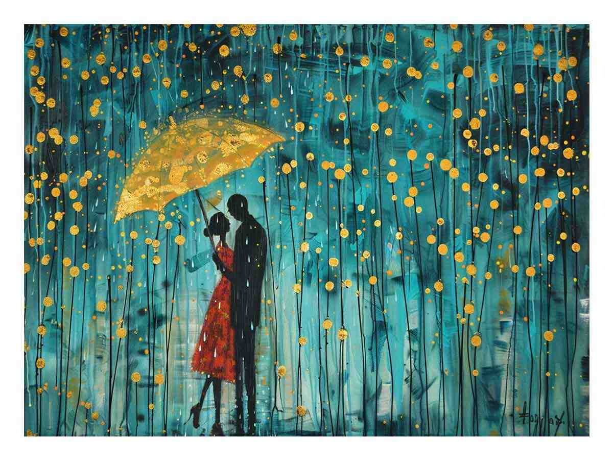 Romantic couple umbrella canvas art with teal rain and gold dots for bedroom decor.