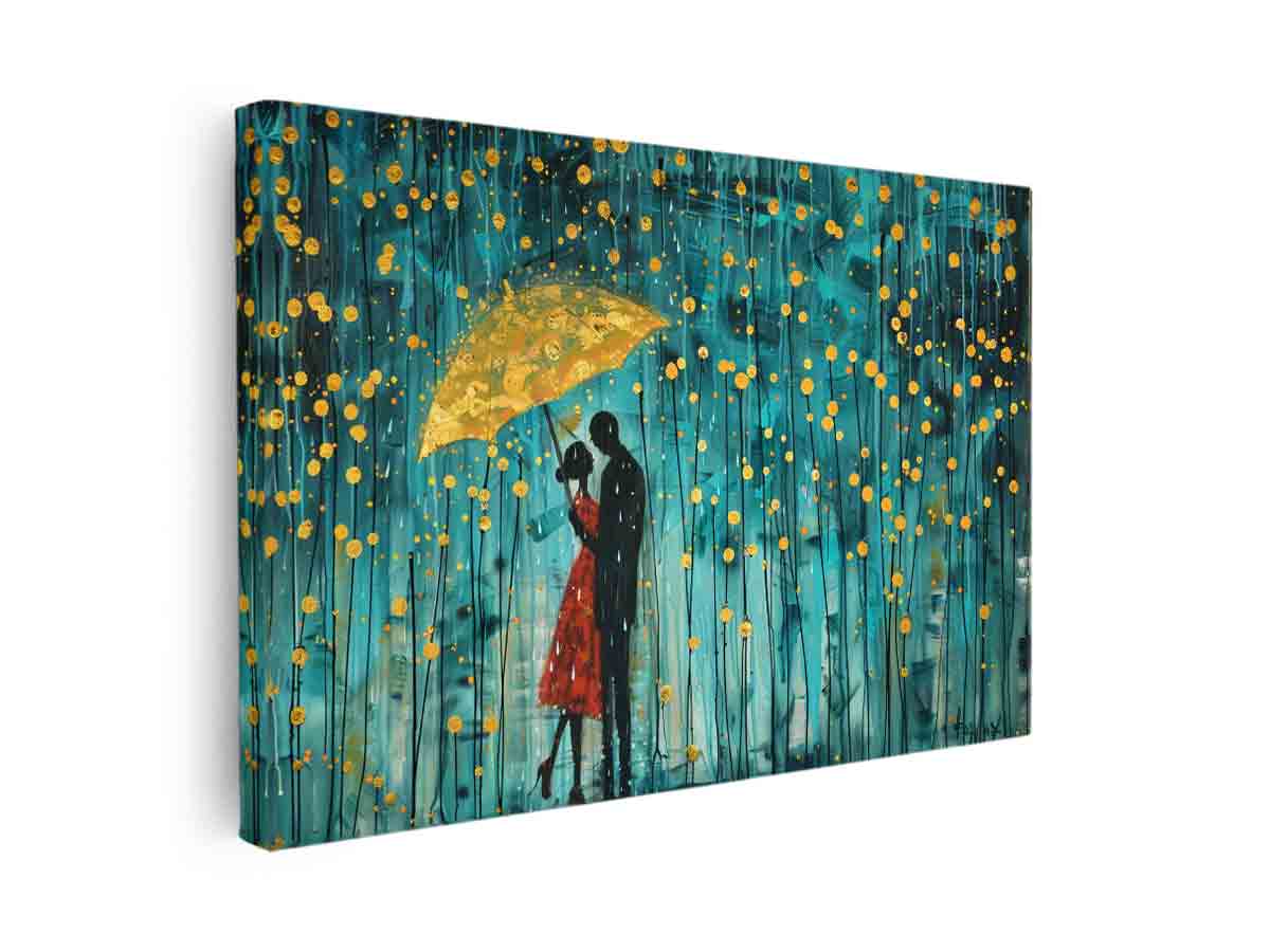 Romantic couple umbrella canvas art with teal rain and gold dots for bedroom decor.