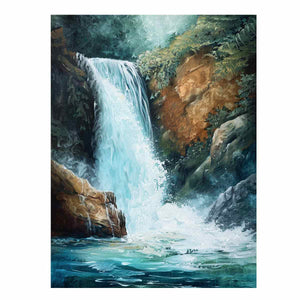 Vertical waterfall canvas art with teal water and forest rocks for modern living room decor.