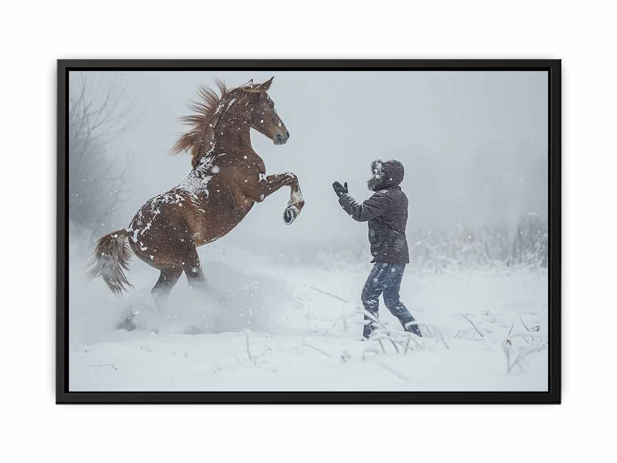 Dramatic horse in snow photography wall art for rustic modern living room decor.