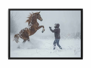 Dramatic horse in snow photography wall art for rustic modern living room decor.