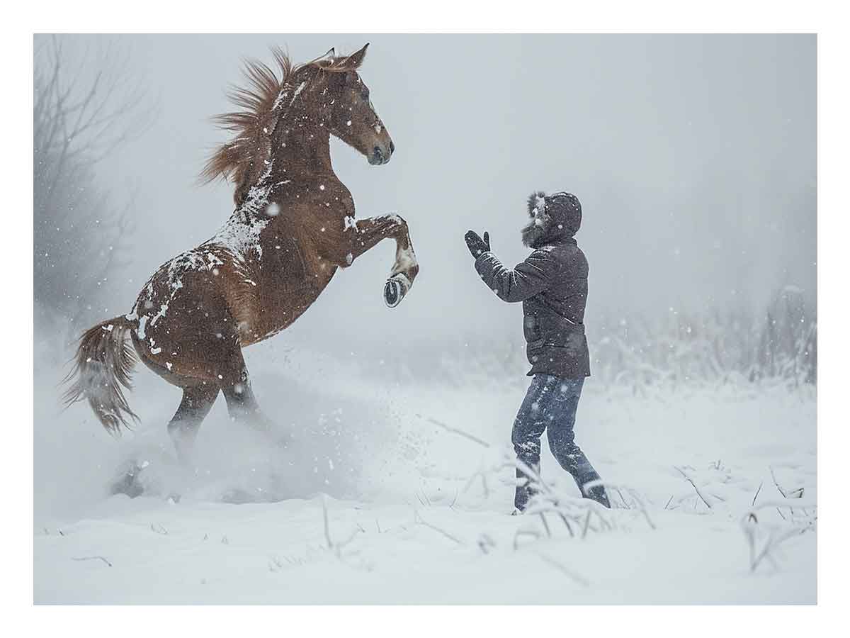 Dramatic horse in snow photography wall art for rustic modern living room decor.