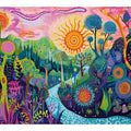 Colorful fantasy garden canvas art with trees, flowers, river and sun for bedroom decor.