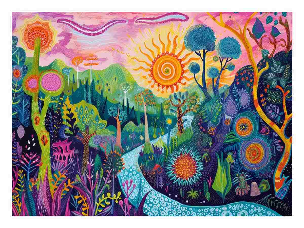Colorful fantasy garden canvas art with trees, flowers, river and sun for bedroom decor.