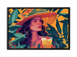 Tropical woman portrait canvas art with hat, leaves and cocktail for stylish bedroom decor.
