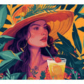 Tropical woman portrait canvas art with hat, leaves and cocktail for stylish bedroom decor.