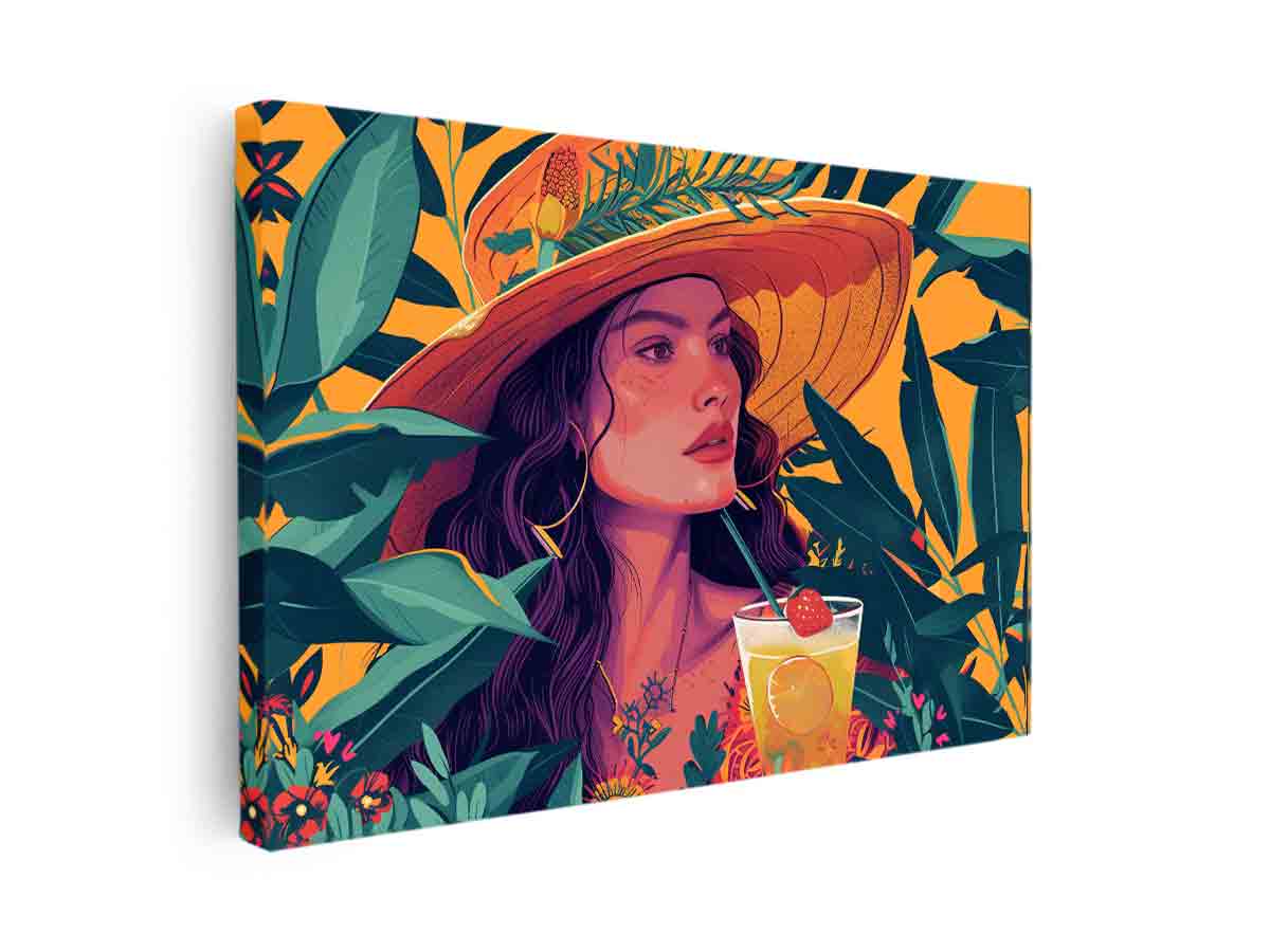 Tropical woman portrait canvas art with hat, leaves and cocktail for stylish bedroom decor.