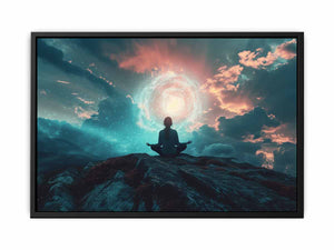 Meditation fantasy canvas art with glowing sky and clouds for peaceful bedroom decor.