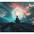 Meditation fantasy canvas art with glowing sky and clouds for peaceful bedroom decor.