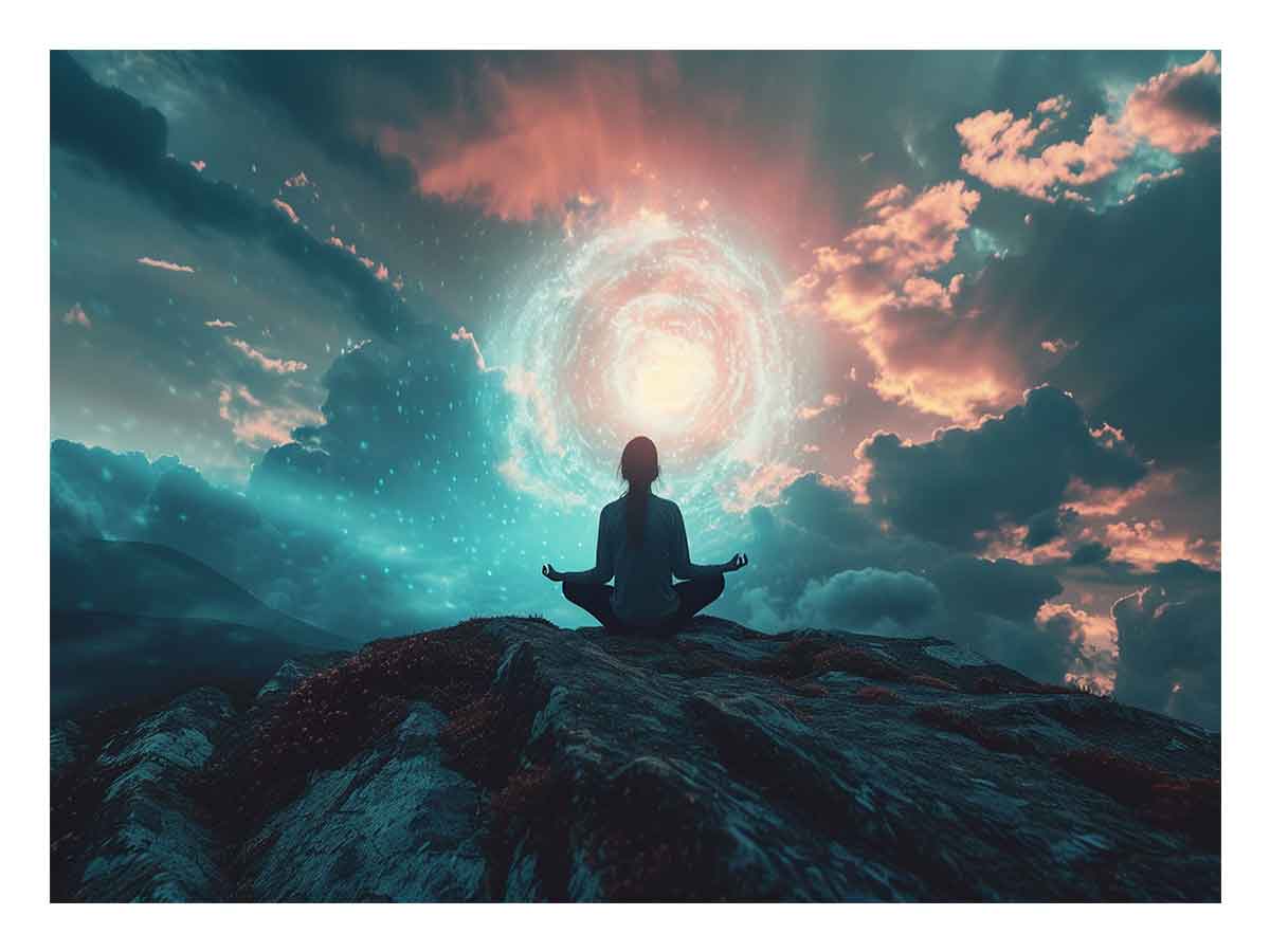 Meditation fantasy canvas art with glowing sky and clouds for peaceful bedroom decor.
