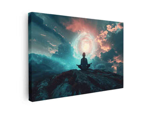 Meditation fantasy canvas art with glowing sky and clouds for peaceful bedroom decor.