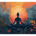 Modern meditation wall art with orange sun, silhouette and botanical details for bedroom decor.