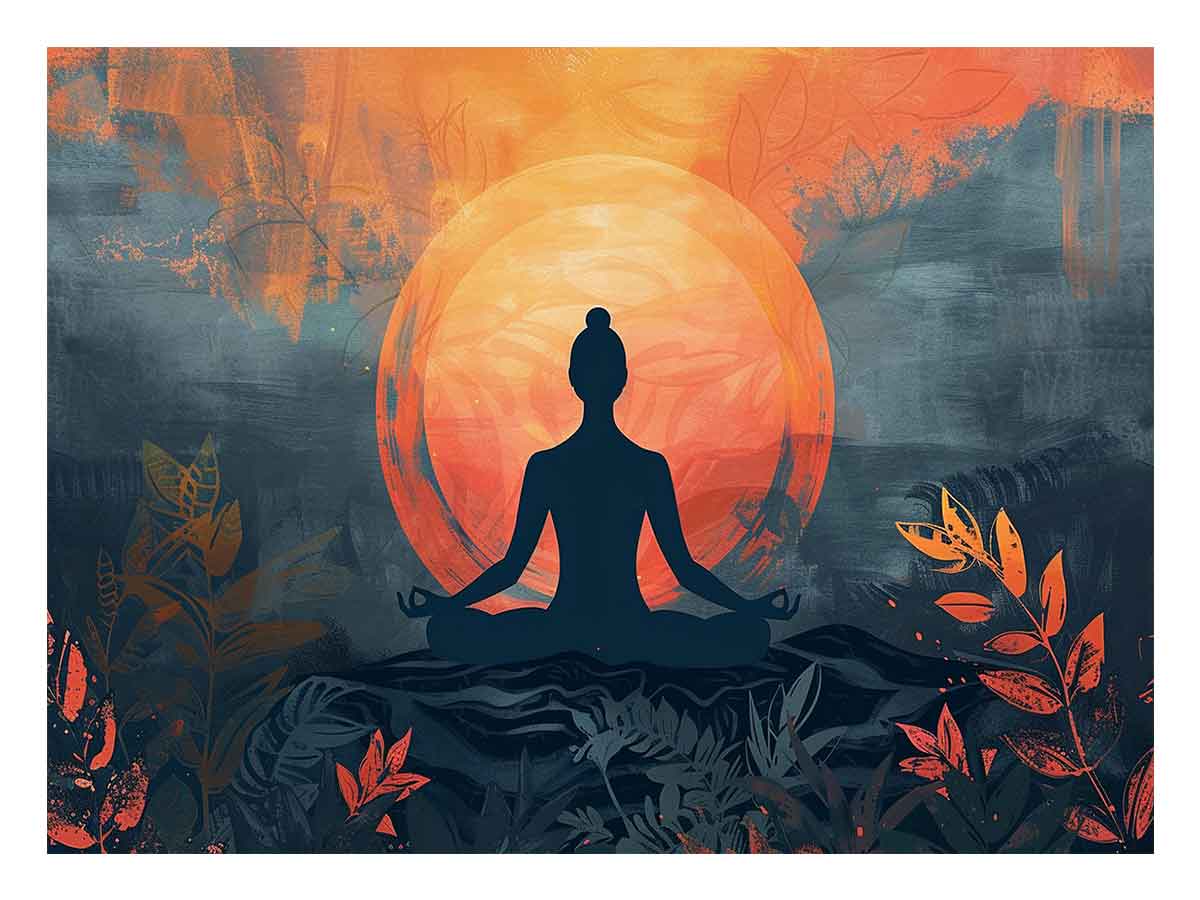 Modern meditation wall art with orange sun, silhouette and botanical details for bedroom decor.