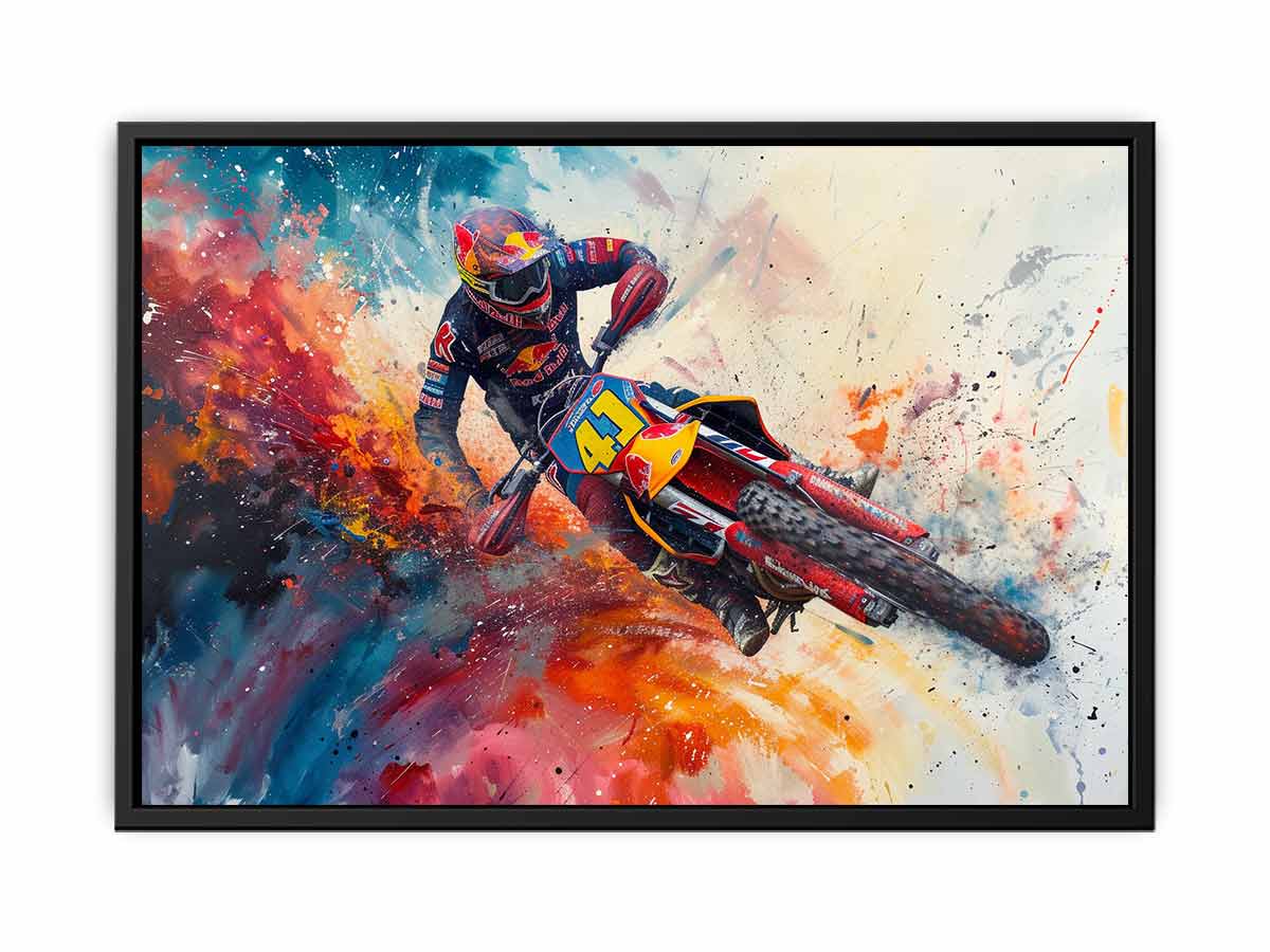 Bold motocross rider wall art with explosive red and blue colors for office decor.