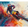 Bold motocross rider wall art with explosive red and blue colors for office decor.