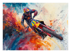 Bold motocross rider wall art with explosive red and blue colors for office decor.