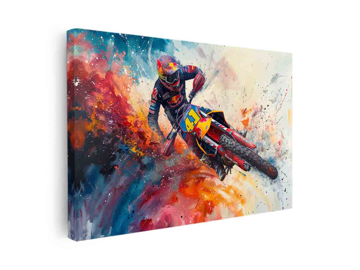 Bold motocross rider wall art with explosive red and blue colors for office decor.
