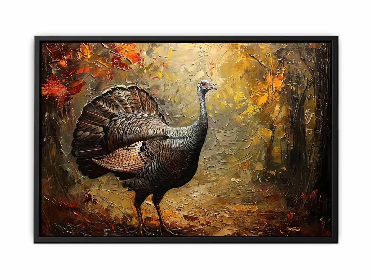Rustic turkey canvas art with autumn leaves and forest texture for dining room decor.