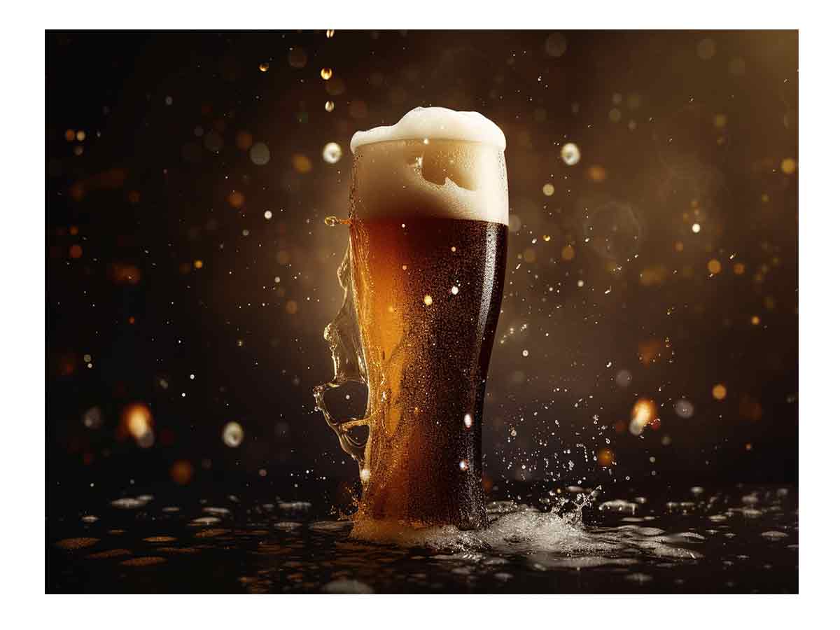 Foaming amber beer glass photography for stylish home bar decor.