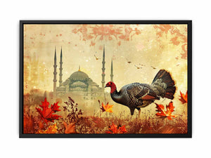 Vintage turkey artwork with mosque architecture and autumn leaves for elegant living room decor.